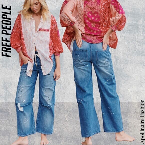 FREE PEOPLE MODERN LOVE PULL ON JEANS BLUE MOTIF PAINT SPLATTER MEDIUM NEW - Picture 1 of 8